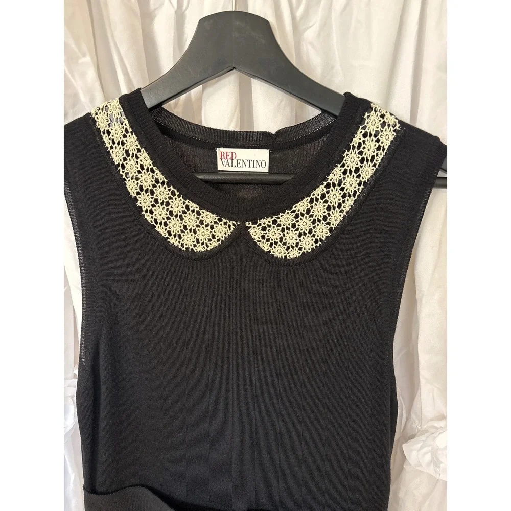 RED Valentino Black Knit Sleeveless Dress Lace Peter Pan Collar Bow Waist - Picture 2 of 11